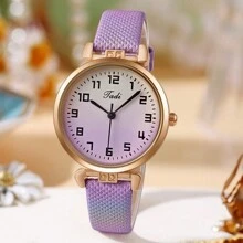 1pc Women's Elegant, Lovely And Colorful Leather Strap Gradient Dial Quartz Wristwatch, Girl Style - Purple - View 2
