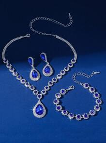 Conjunto De 3 Pcs: Colar De Cristal Champagne, Brincos E Pulseira De Cristal Azul - Azul Real - Ver 5
