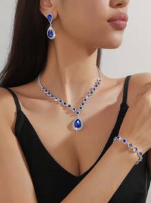 Conjunto De 3 Pcs: Colar De Cristal Champagne, Brincos E Pulseira De Cristal Azul - Azul Real - Ver 1