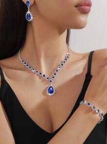 Conjunto De 3 Pcs: Colar De Cristal Champagne, Brincos E Pulseira De Cristal Azul - Azul Real - Ver 6