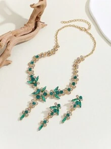 3入組女士翡翠水晶豪華珠寶套裝,包括耳環和項鍊,完美禮物 - 綠色 - 查看 3