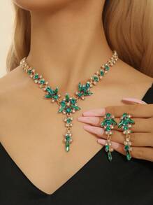 3入組女士翡翠水晶豪華珠寶套裝,包括耳環和項鍊,完美禮物 - 綠色 - 查看 1