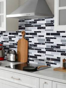 SUPSTICKER 1/25pcs Gray & Black Faux Marble Texture Waterproof Oil-Resistant 2D Effect Kitchen Backsplash Sticker, 9.84x4.72 Inches - Multicolor - View 2