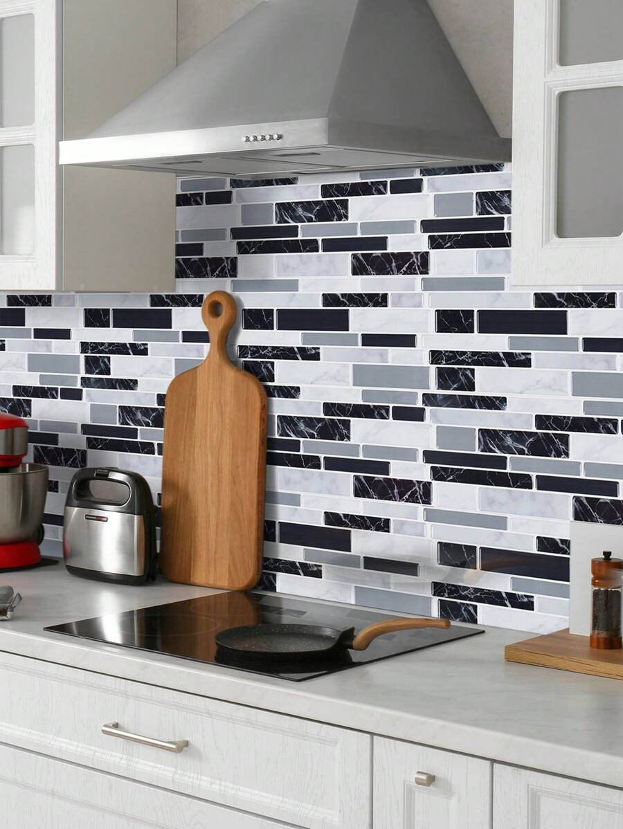 SUPSTICKER 1/25pcs Gray & Black Faux Marble Texture Waterproof Oil-Resistant 2D Effect Kitchen Backsplash Sticker, 9.84x4.72 Inches