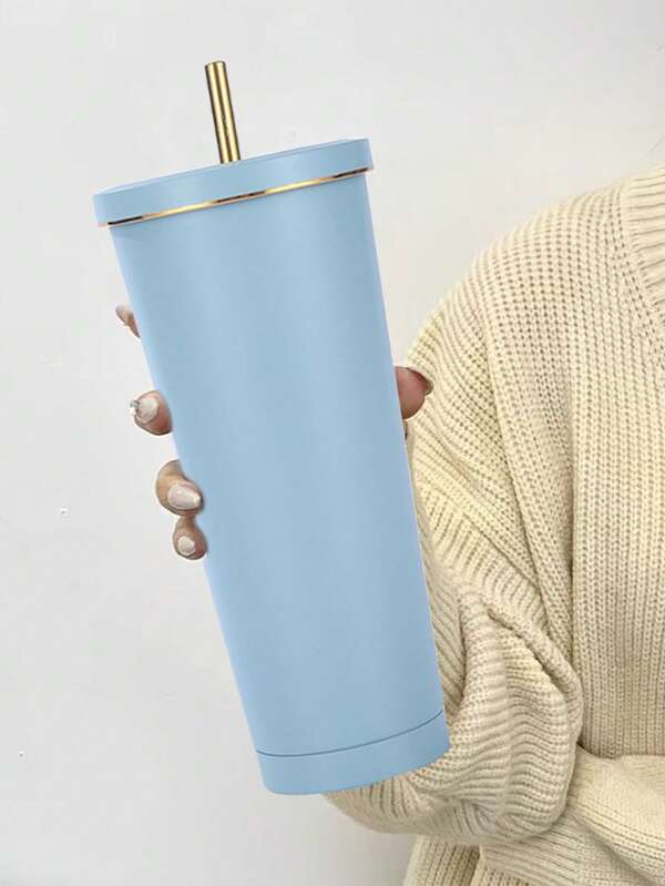 1pc Light Blue Stainless Steel Vacuum Insulated Cup With Straw, Large Capacity Coffee Tumbler, Portable Car Gift
