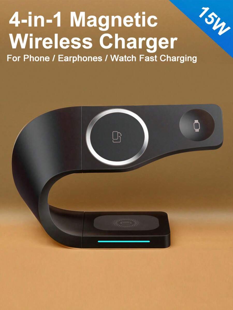1個15w 4合1塑料磁性無線充電器,兼容12 13 14系列,,具有magsafe兼容性 - 黑色 - 查看 1