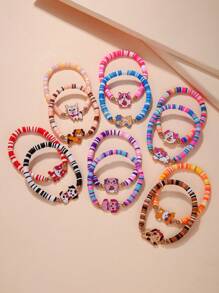 12入組可愛狗主題手工編織聚合物黏土珠彈性手鍊,適用於女孩 - 彩色 - 查看 3