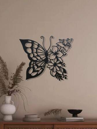 1pc Metal Carved Butterfly & Flower Decorative Wall Art Hanging With Hollowed Iron, Suitable For Home Living Room, Dining Room, Bedroom And Bathroom Decoration,Home Decor ,Room Decor,Wall Decor Gifts Birthday Graduation