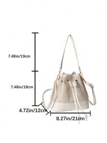 流行的編織藤桶包,女士休閒多材質拼接束口肩袋,適用於夏季海灘假期,可斜背或肩背 - 米色 - 查看 2