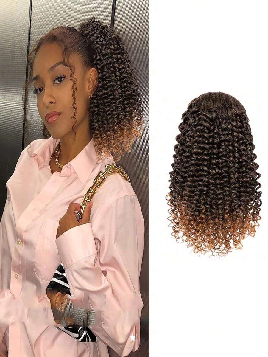 8 Inch Short Kinky Curly Ponytail Extension For , Natural Drawstring With Two Clips, Synthetic Afro Women - Bronze - View 1