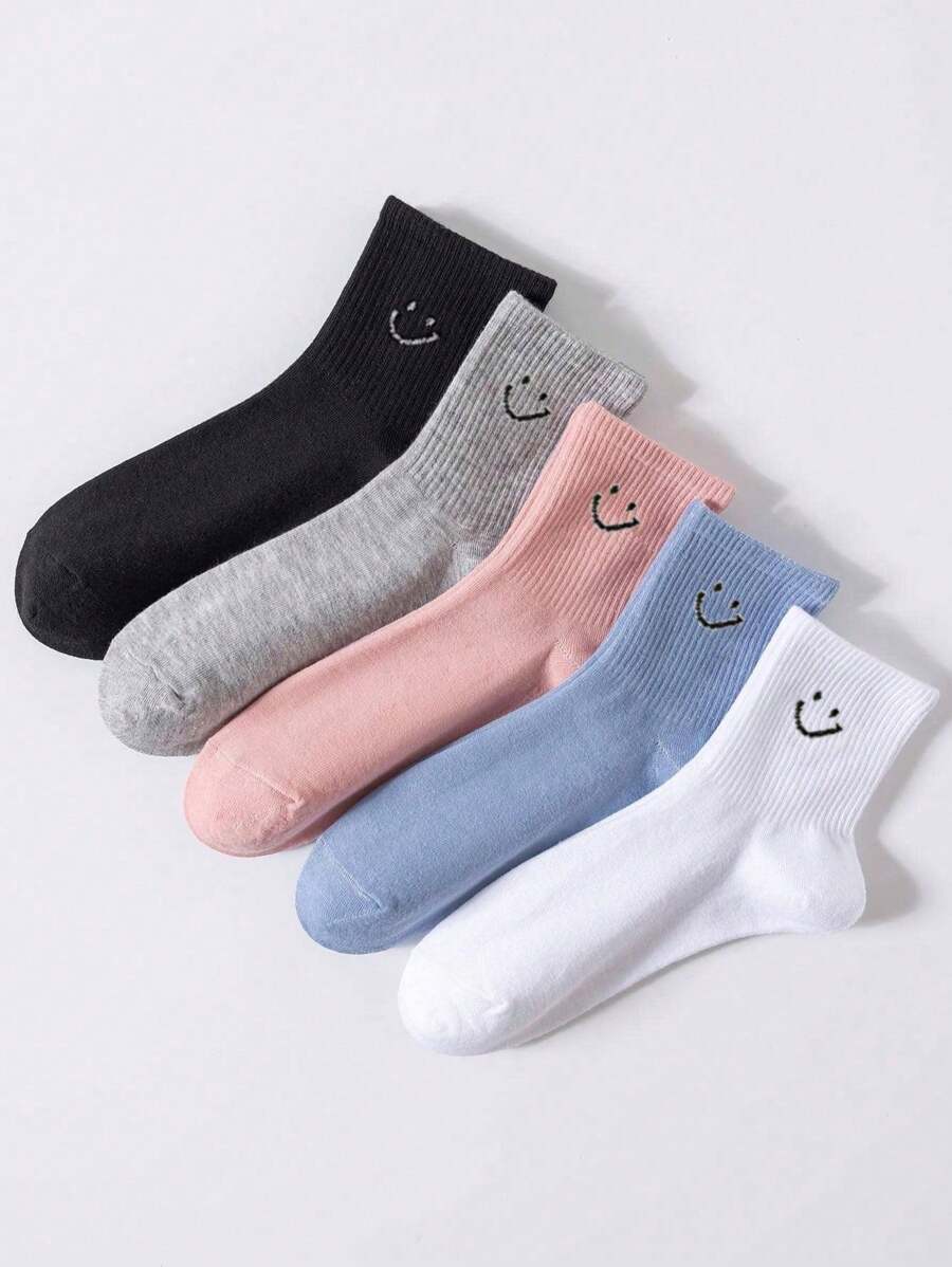 1/5 双糖果色笑脸简约日常百搭透气防臭女士中筒袜 - 彩色 - 查看 1