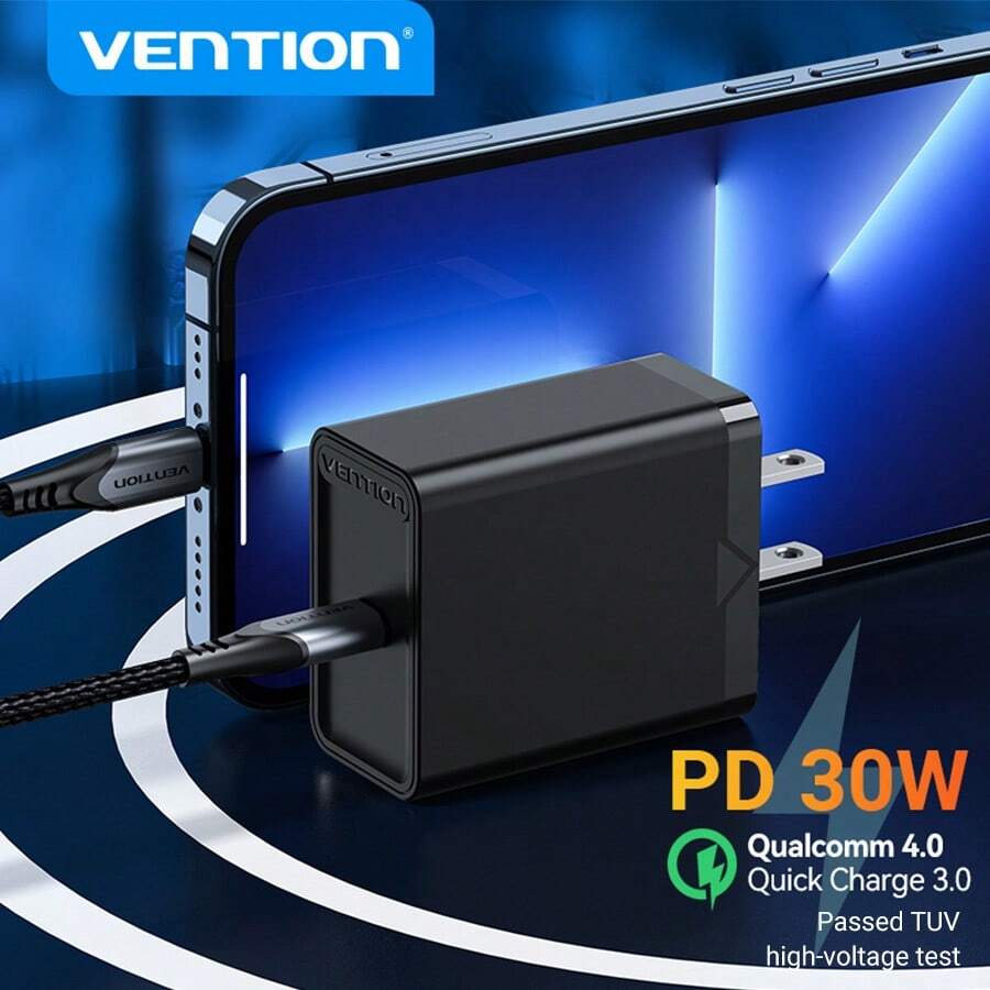 VENTION USB C 充电器块 30W 超级快速充电器 QC 4.0 PPS 快速 USB 壁式插头兼容 Iphone 15/14/14 Pro/15/14 Pro Max/13/13 Mini/13 Pro/13 Pro Max/12、Pixel 7/6、Note 20、IPad Pro、IPad Air - 黑色 - 查看 1