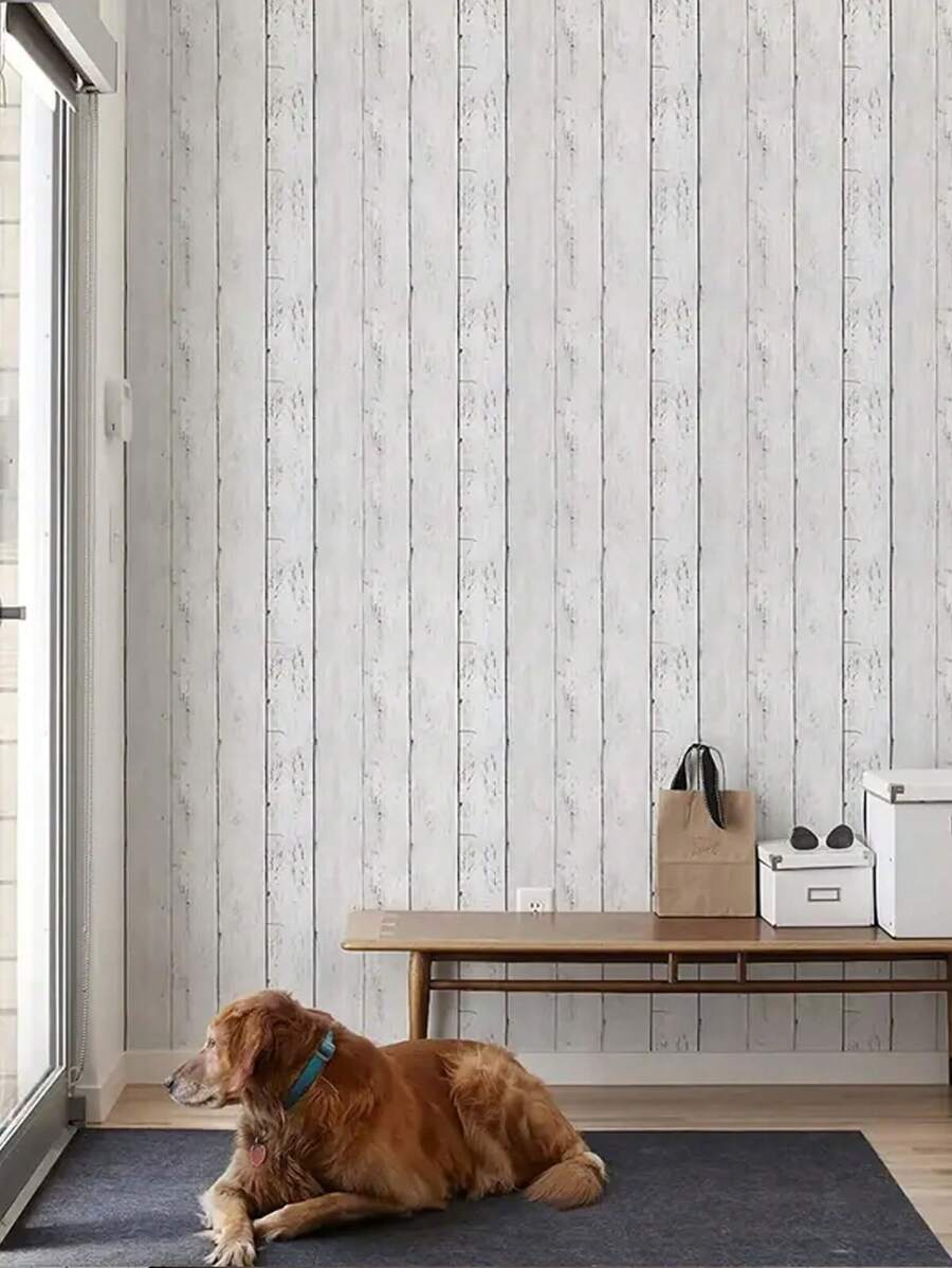 1pc Peel And Stick Wood Wallpaper, Shiplap Light Grey/White Distressed