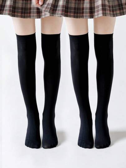 2 Pairs Of Black High-Calf Straight-Leg Over-The-Knee Stockings Student Socks