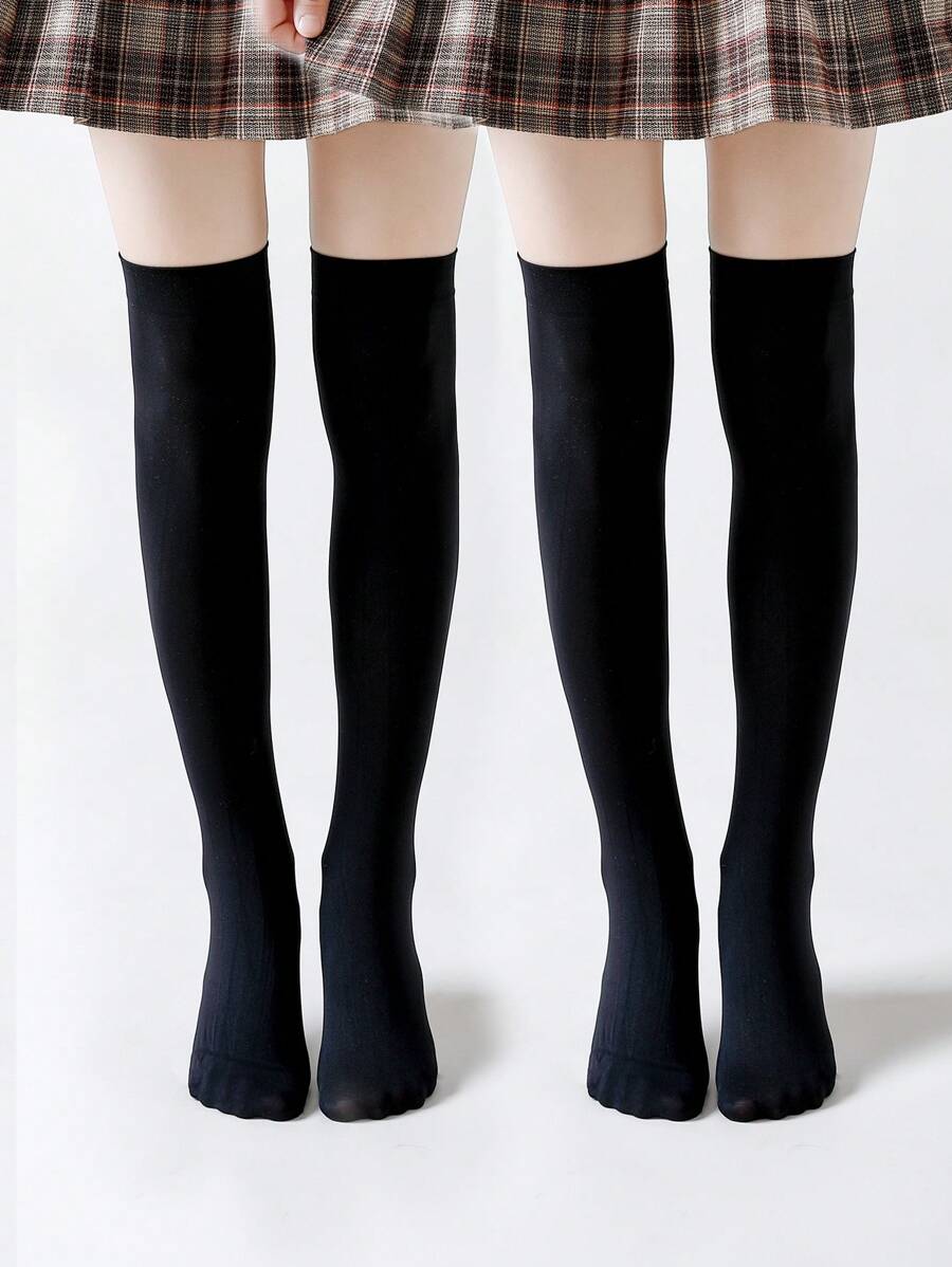 2 Pairs Of Black High-Calf Straight-Leg Over-The-Knee Stockings Student Socks - Black - View 1