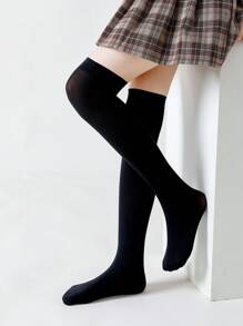 2 Pairs Of Black High-Calf Straight-Leg Over-The-Knee Stockings Student Socks - Black - View 2