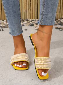 Sandálias Rasteiras com Contas e Designs de Gota d'Água, Pé Aberto, Leves e Confortáveis, Chinelos de Praia para Mulheres Plus Size - Amarelo - Visão 3