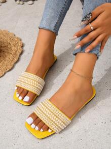 Sandálias Rasteiras com Contas e Designs de Gota d'Água, Pé Aberto, Leves e Confortáveis, Chinelos de Praia para Mulheres Plus Size - Amarelo - Visão 5