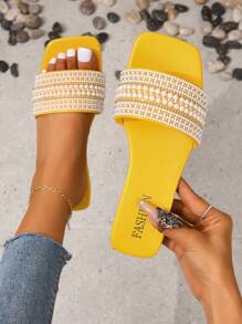 Sandálias Rasteiras com Contas e Designs de Gota d'Água, Pé Aberto, Leves e Confortáveis, Chinelos de Praia para Mulheres Plus Size - Amarelo - Visão 2