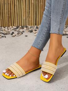 Sandálias Rasteiras com Contas e Designs de Gota d'Água, Pé Aberto, Leves e Confortáveis, Chinelos de Praia para Mulheres Plus Size - Amarelo - Visão 4