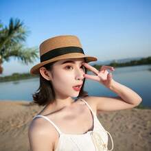 Boho 2024年禮物帽子女士扁平頂草帽，適用於海灘旅行和拍照，韓式防曬帽，沙灘帽，太陽帽，時尚獨特 - 草帽 - 查看 5