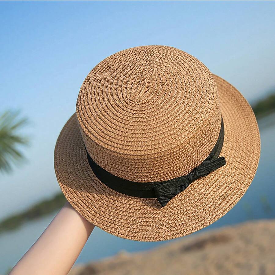 Boho 2024年禮物帽子女士扁平頂草帽，適用於海灘旅行和拍照，韓式防曬帽，沙灘帽，太陽帽，時尚獨特 - 草帽 - 查看 1
