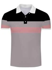 男友风男士 Polo 衫，高尔夫领 3D 印花，运动短袖休闲透气简约外套，男友风男士运动 Polo 衫 T 恤 - 灰色 - 查看 2