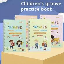 4 件套书法临摹本带笔和笔芯，儿童英语练习字帖，凹槽手写练习册，适合儿童描摹和书法训练