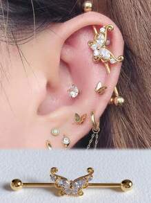 1PC Butterfly Industrial Piercing Barbell Zirconia Stainless Steel Ear Piercing Industrial Earring Scaffold 14G - Butterfly - View 1