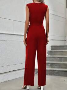 Mono sencillo de pierna ancha con cinturón ajustable cuello redondo sin mangas casual para mujer - Rojo - Ver 3