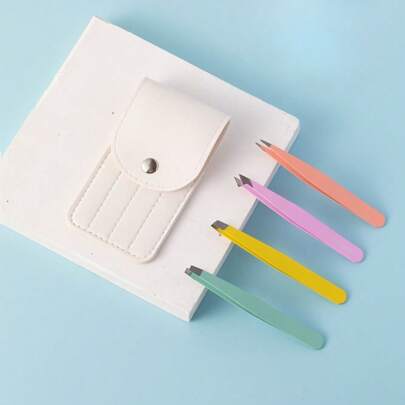 4pcs White Leather Eyebrow Tweezer Set, High Precision Colored Eyebrow Clip, Eyelash Tweezers, Ingrown Hair Removal Tool, Grooming Kit For Men