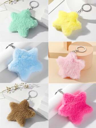 New Diy Handmade Cute Pink Fluffy Star Keychain, Blue Fluffy Five-Pointed Star Bag Decoration Pendant, Lovers' Star Keychain, Creative Small Gift For Festivals And Business Launching Events Car Accessories Bag Charm School Goth Y2k