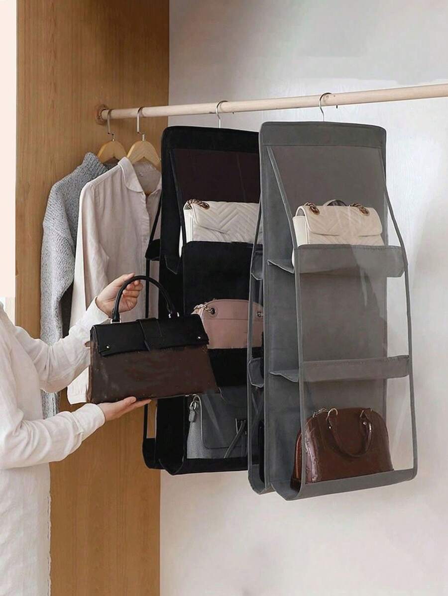 1pc Hanging Organizer Bag, Double Sided Storage Bag, Thickened With Multiple Layers, With Hook, For Closet Clothes Storage, Grey, Black
