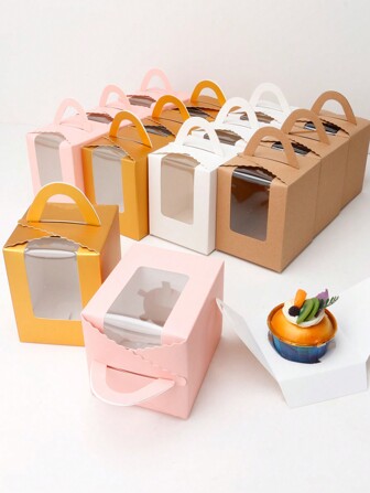 10pcs/20pcs/30pcs Valentine's Day Paper Cupcake Boxes With Display Window, Single Cupcake Bags, Disposable Paper Cupcake Liners With Inserts And Handles, Suitable For Bakery, Wedding, Baby Shower, Birthday, Party, Holiday And Celebration