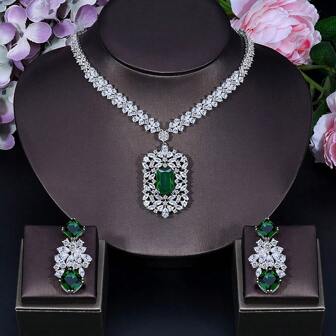 SEQUITO 3 Pieces Exclusive Luxury Design Green Dubai Wedding Jewelry Set Full Pave CZ Shield Long Pendant Bridal Earrings Necklace Sets For Ladies