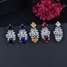 SEQUITO 3 件套独家奢华设计绿色迪拜婚礼珠宝套装全密镶 CZ 盾形长吊坠新娘耳环项链套装女士 - 45cm - 查看 9