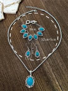 1 Conjunto De Pendientes Decorativos Geométricos De Estilo Bohemio Retro De Moda Con Patrón Turquesa, 2 Pulseras Y 1 Collar Para Mujeres Y Niñas, Perfecto Para Citas, Fiestas, Vacaciones Y Uso Diario.