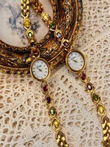 1只法式時尚優雅女士手錶,配有彩色水晶鑲嵌表帶,30米防水,橢圓形石英手錶,母貝錶盤,適合日常佩戴 - 金色 - 查看 2