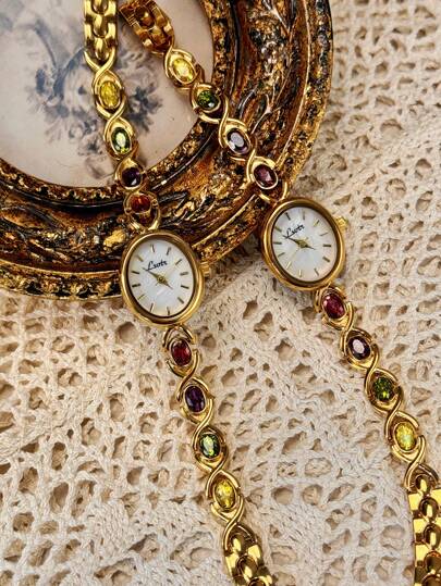 1pc French Fashionable Elegant Ladies' Watch With Colorful Crystal Inlaid Strap, 30m Water Resistance, Oval Shaped Quartz Wristwatch With Mother Of Pearl Dial, Suitable For Daily Wear