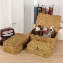 1set Straw Braided Storage Basket, Minimalist Desktop Storage Basket For Home - Brown - View 3