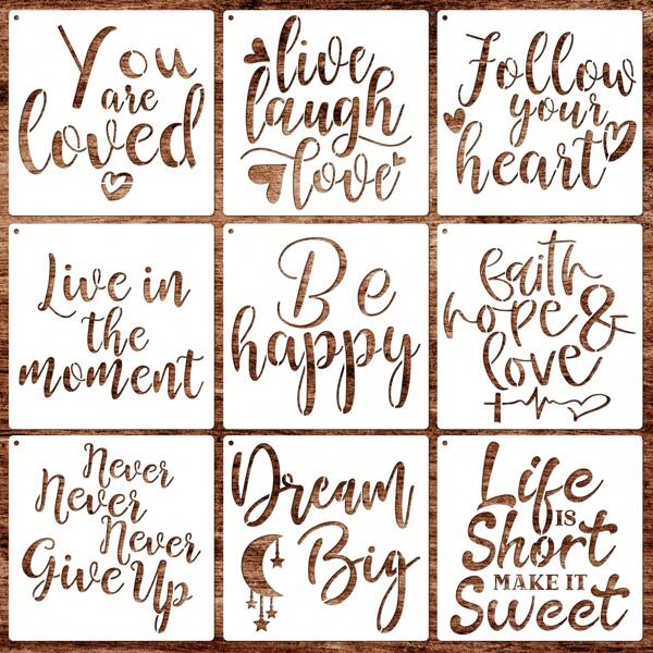 9 Piece Inspirational Quote Stencils – White Plastic Templates For Word Art, DIY, & Home Decor; Fuel Creativity & Motivate With Our Reusable Motivational Set,Back To School,School Supplies