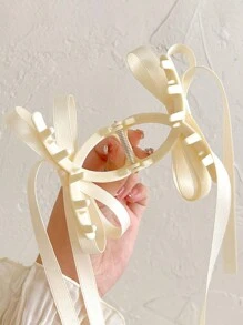 1个女士纯色双层蝴蝶结发夹，带飘带，适合日常佩戴，女士，发饰，美发工具，卷发饰品，秋季，旅行，美发工具，女士配饰，发饰，秋季，旅行，女士，女士发饰，美发工具，发饰，发饰，礼物，旅行，送礼佳品，女士，发饰，成人礼发饰，美容礼品创意，女士礼物，优雅爪夹 - 米色 - 查看 4