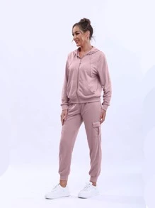 Conjunto Deportivo Dama Conjunto Con Capucha, Cierre y Bolsas en Sudadera - Rosa vieja - Ver 4