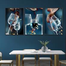 3 套无框帆布海报，现代抽象蓝色酒杯葡萄酒墙艺术帆布画印刷品，适用于餐厅、客厅、卧室、厨房、办公室、家居装饰，防水 - 藍色 - 查看 8
