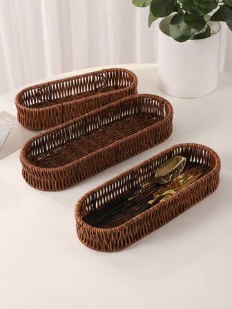 Set de 3 piezas/1 pieza Cesta/Caja de almacenamiento de utensilios de cocina de ratán