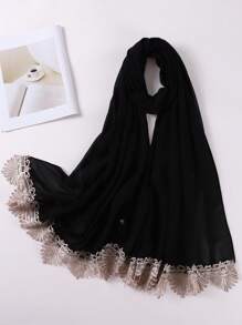 Breathable Modest Hijab Elegant Women's Embroidered Lace Tassel Patchwork Muslim Hijab Scarf, Spring/Summer - Multicolor - View 2