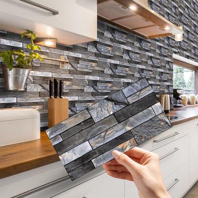 SUPSTICKER 12/36pcs Blue Grey 2D Simulation Rock Stone Tiles Greaseproof Frosted Surface Kitchen Stickers Self Adhesive Waterproof Peel And Stick Home Decor Stickers