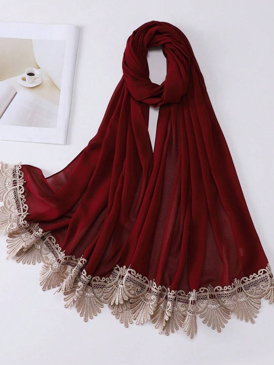 Breathable Modest Hijab Elegant Women's Embroidered Lace Tassel Patchwork Muslim Hijab Scarf, Spring/Summer - Multicolor - View 1