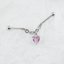 1PC Floating Industrial Piercing Barbell With Chain CZ Dangle Stainless Steel Ear Piercing Helix Piercing Body Jewelry - Heart - View 3