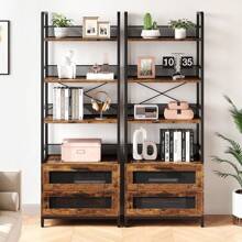 4-Layer Iron Wood Iron Mesh Cabinet Door Bookshelf,Industrial Bookshelf With Doors,Bookcase With 3 Tiers Open Storage Shelves,Farmhouse Bookshelf For Bedroom,Living Room,Home Office,Brown - 棕色 - 查看 7